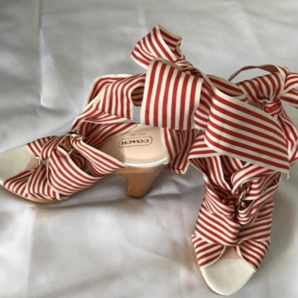 COACH size 7 1/2 Kimi orange/white ribbon strappy sandals worn once Vintage! - Picture 3 of 9